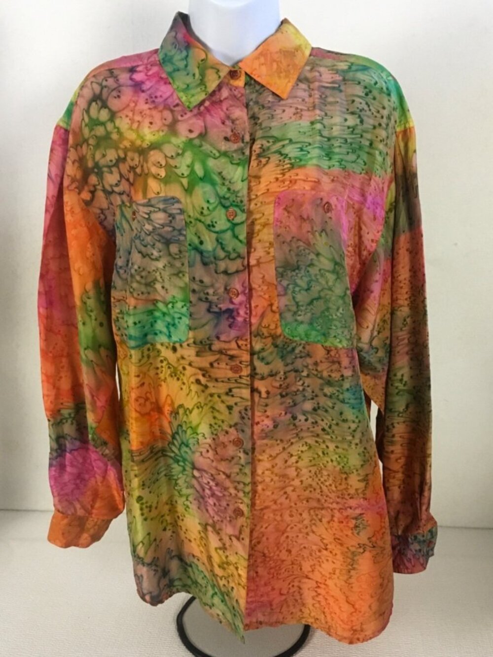 Capezio Button Up Top Size M Orange Green Pink 100% Silk Long Sleeves Pocket